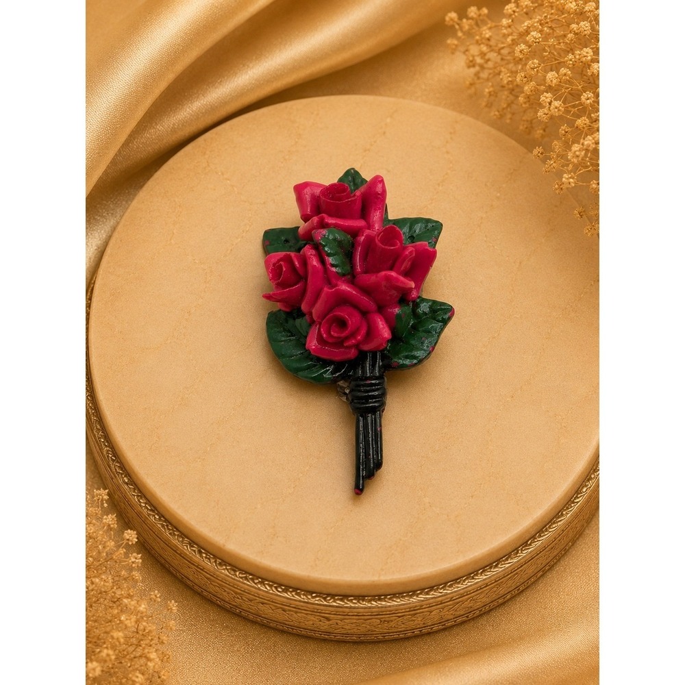 Vintage Style Red Rose Bouquet Floral Bouquet Brooch Pin Unsigned